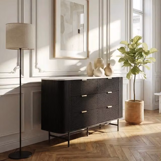 Cassettiera con 6 cassetti Olvehok en.casa, colore Nero e Effetto Marmo Bianco, L 120 x P 40 x H 81 cm