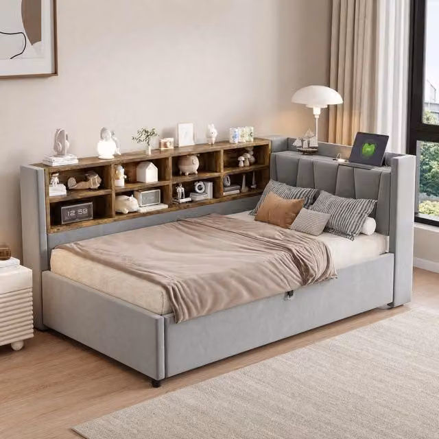 Divano letto imbottito 90x200 cm con contenitore ad apertura idraulica; luce notturna; USB; Type-C e velluto grigio