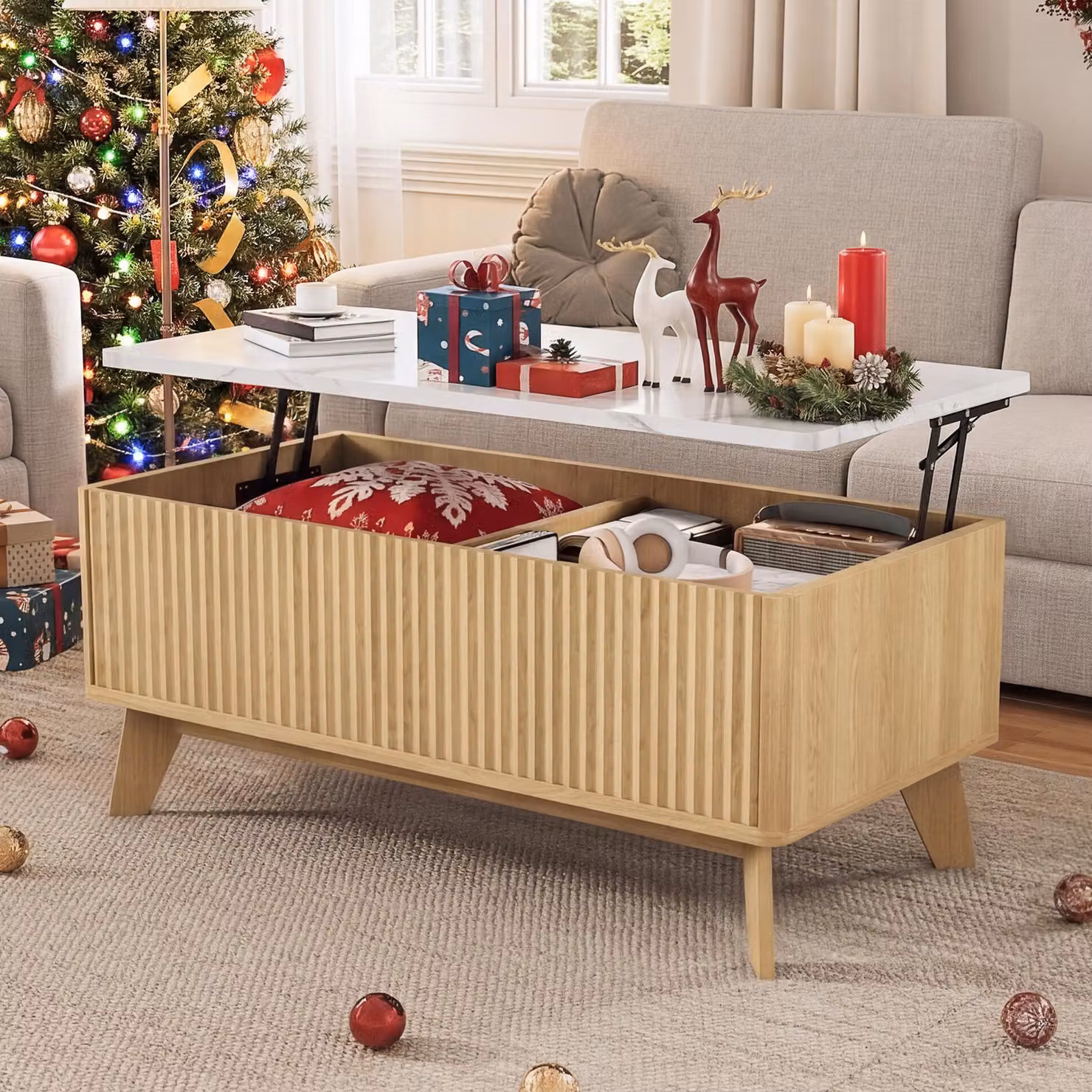 Tavolino da divano REMZETTA con piano regolabile in altezza e spazio contenitivo, tavolino moderno per il soggiorno con finitura effetto legno naturale, dimensioni 105 x 53 x 42 cm, adatto per soggiorno e sala da pranzo