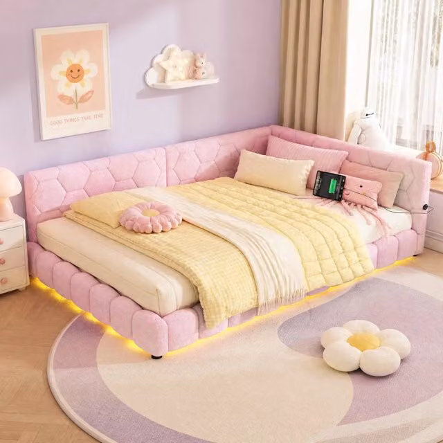 Letto daybed moderno in tessuto rosa con illuminazione LED e porte di ricarica USB e Type-C, L: 140 cm, P: 200 cm