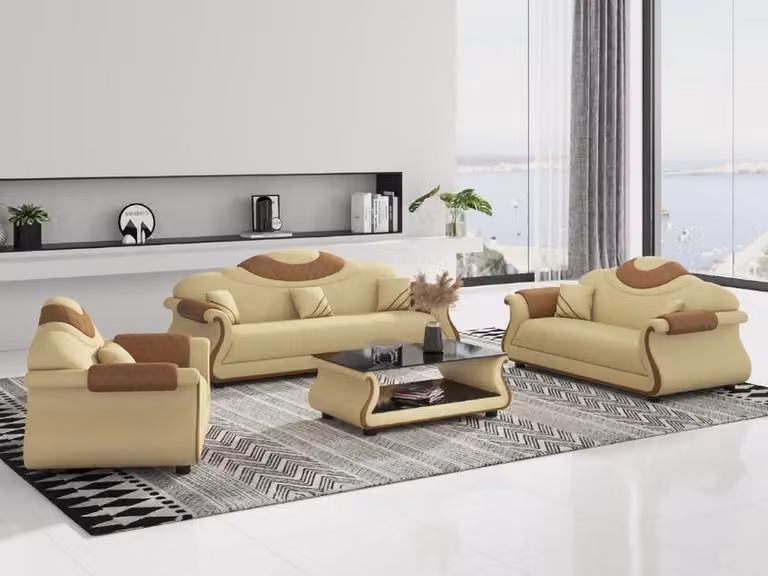 Luxus Möbel Sofagarnitur Couch Sofa Polster 3+2+1 Sitzer + Couchtisch Holz
