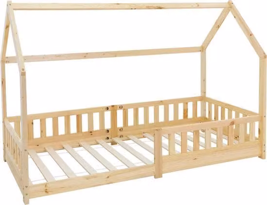 Letto per bambini in legno di pino 90x200 cm con tetto di protezione e fondo a listelli ML design