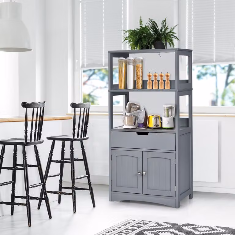 Armadietto multifunzione Costway in legno laccato grigio con cassetto e ripiani per cucina e soggiorno