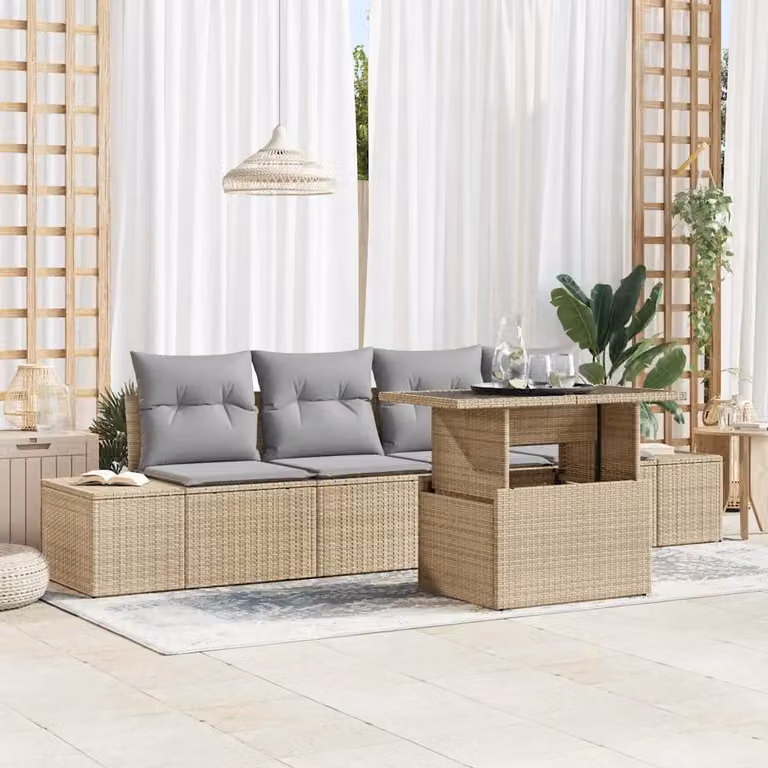 Set di divani da giardino vidaXL in polyrattan beige e grigio con cuscini e tavolino da esterno