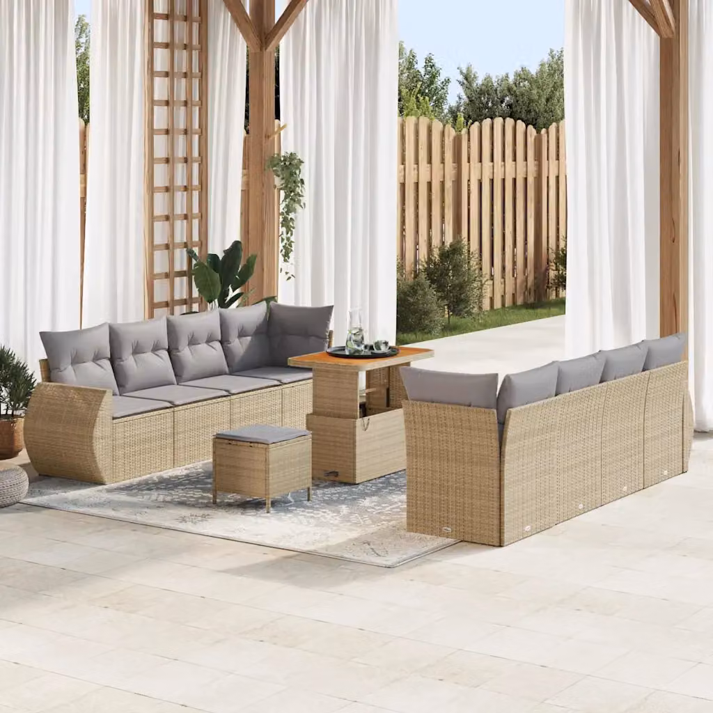 Set Divano da Giardino vidaXL 11 Pezzi a Forma di U in Polyrattan Beige con Cuscini e Tavolino da Esterno – 1