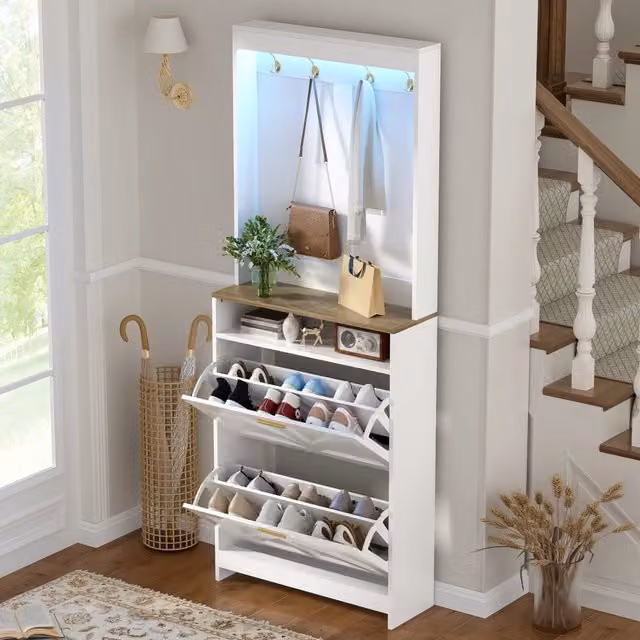 Desviae Scarpiera con LED, 2 vani a ribalta e ganci in pannello truciolare bianco e naturale per ingresso 70 × 24 × 180 cm