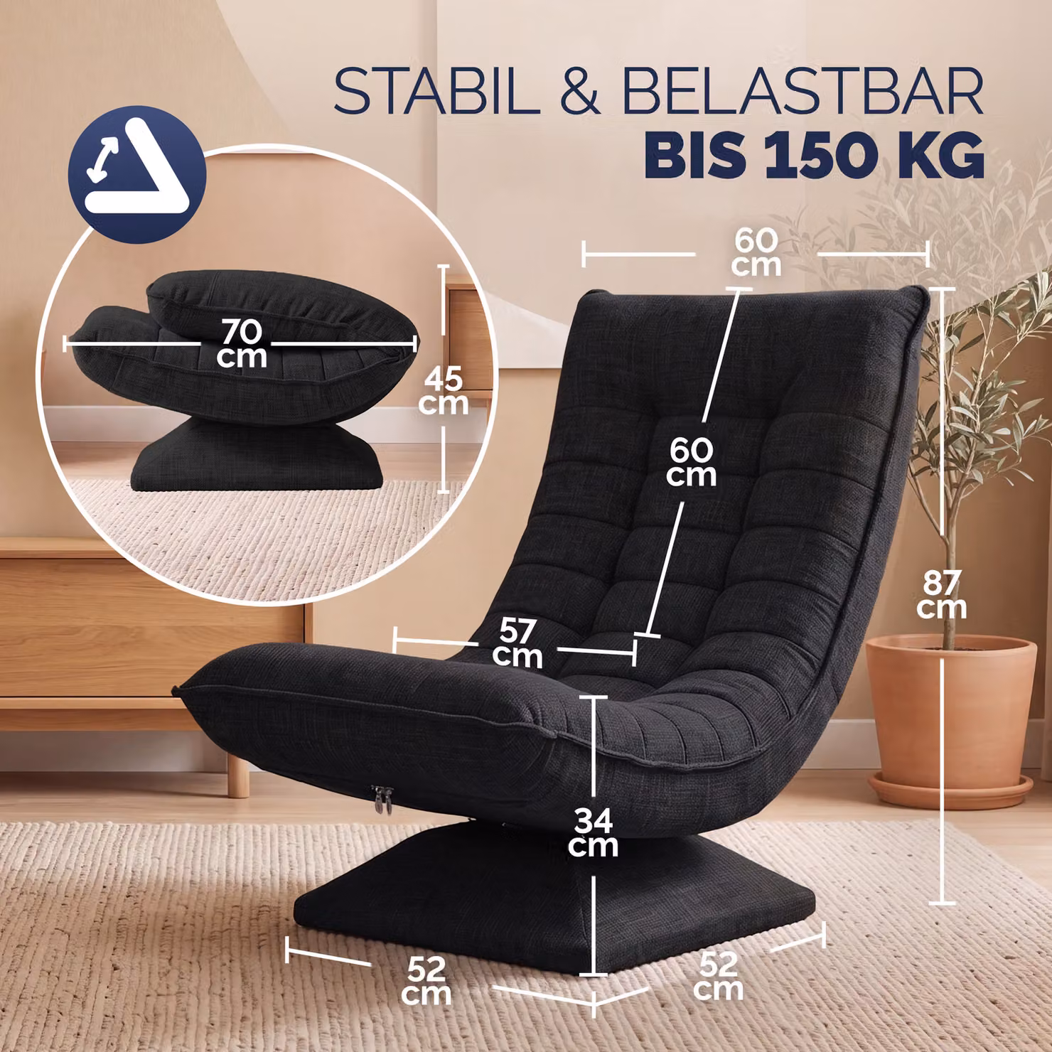 Sedia relax Aberdeen Casaria in tessuto nero con struttura in metallo e rotazione a 360 gradi – 3
