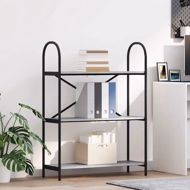 Libreria moderna vidaXL a 3 livelli in metallo e MDF, L 80 cm x P 30 cm x H 109 cm, Grigio e Nero