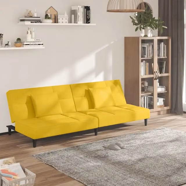 Divano Letto a 2 Posti con 2 Cuscini-Sofa Letto 2 Posti-Daybed Giallo in Velluto