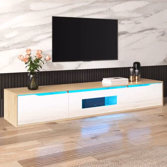 Mobile TV moderno REDOM con illuminazione LED integrata, Bianco lucido e Legno, L 180 cm x P 35 cm x H 30 cm – 1