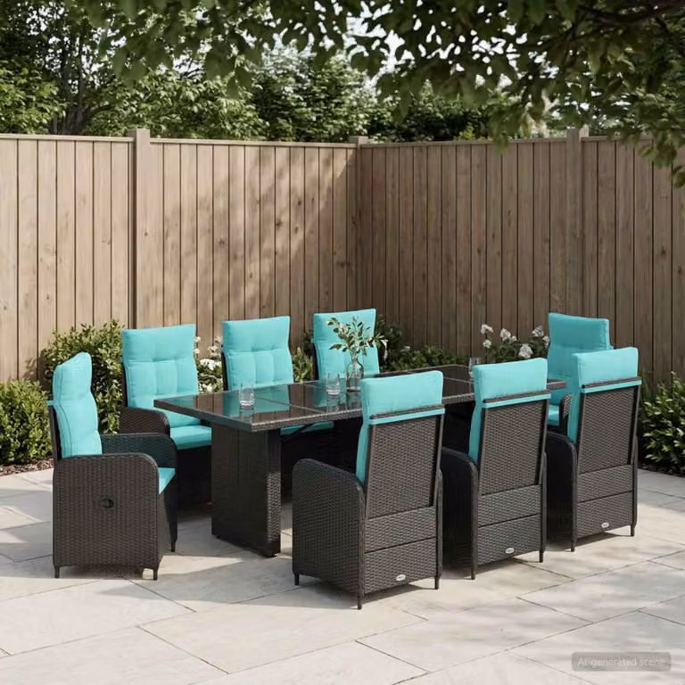 Set da pranzo per esterni vidaXL in polyrattan da 9 pezzi, colore nero e turchese, con tavolo rettangolare in legno di acacia