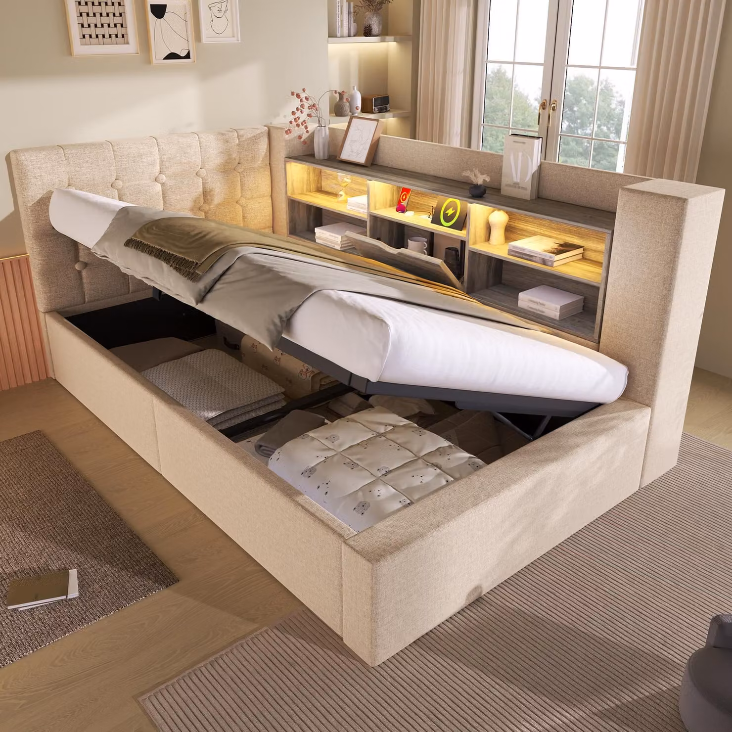 Letto imbottito singolo 90x190, con illuminazione LED, sistema di sollevamento idraulico, testiera a forma di "L" con spazio contenitore, reversibile, rete a listelli, biancheria da letto e materasso inclusi.