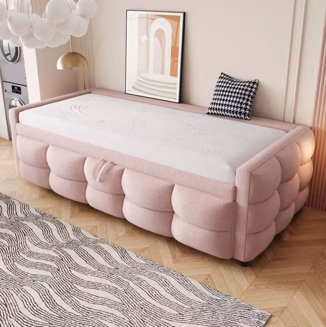 Letto imbottito estraibile 90/180x190 cm in tessuto Teddy rosa; con rete a doghe