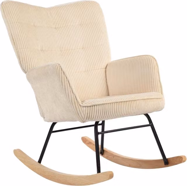 Poltrona a dondolo vintage Xylo in tessuto beige a coste, legno di faggio e metallo