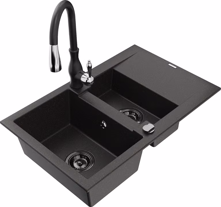 Mexen Gaspar lavello in granito a 1,5 vasche con scolapiatti e rubinetto da cucina Savita, nero/oro - 6507-75-672601-70-B