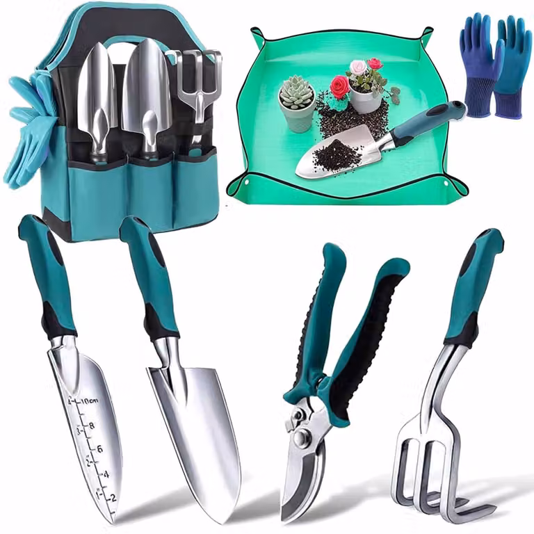 Set di 7 utensili da giardino, in alluminio leggero, resistente alla ruggine, con impugnatura ergonomica antiscivolo, e dotato di