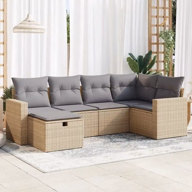 Set Divano da Giardino a L vidaXL in Polyrattan con Cuscini Beige e Grigio per 6 Persone