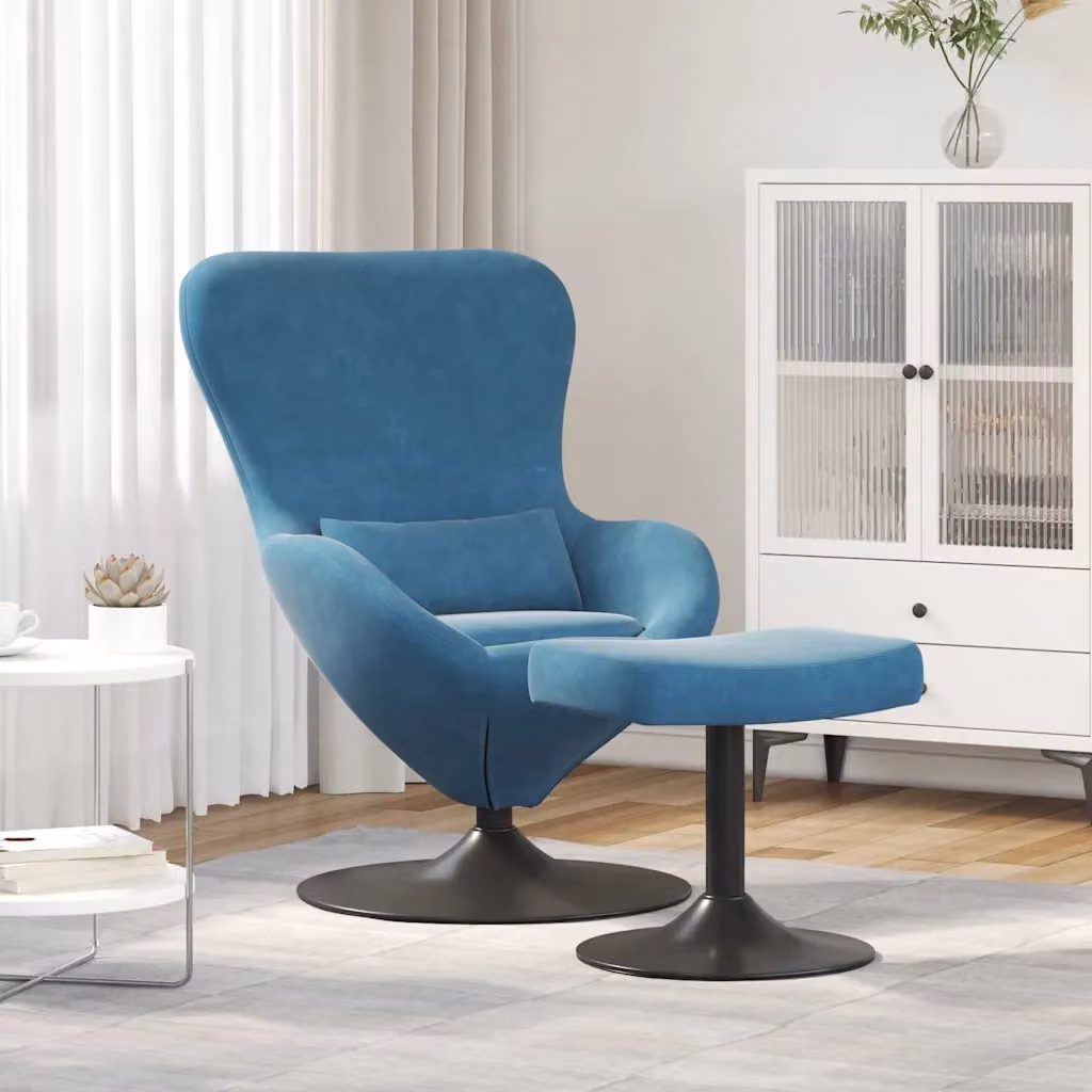 Sedia Egg con Pouf vidaXL in Velluto Blu con Struttura in Metallo e Rotazione a 360 Gradi