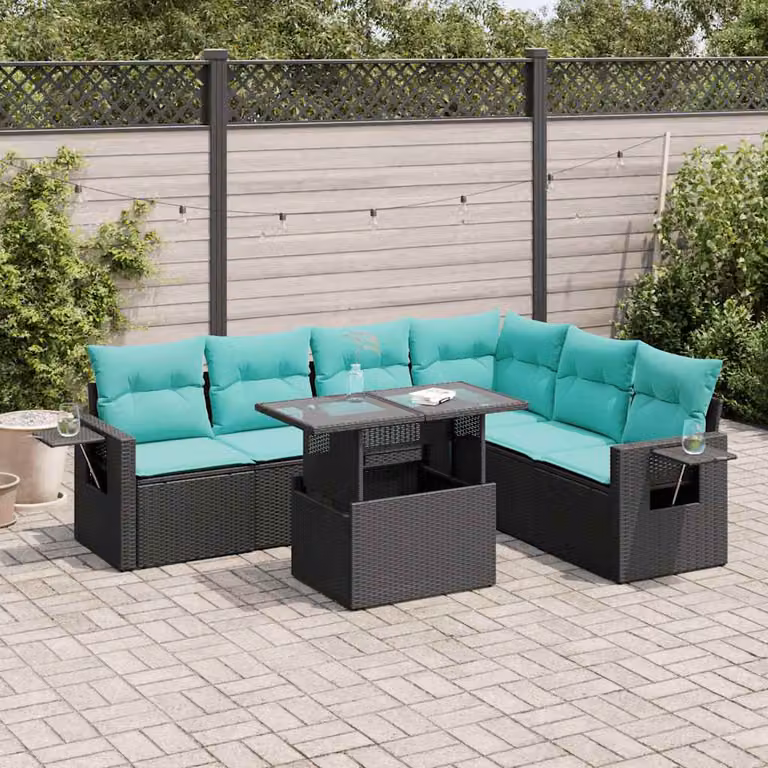 Set Divani da Giardino vidaXL 7 Pezzi in Polyrattan con Cuscini e Tavolino da Esterno Moderno Nero