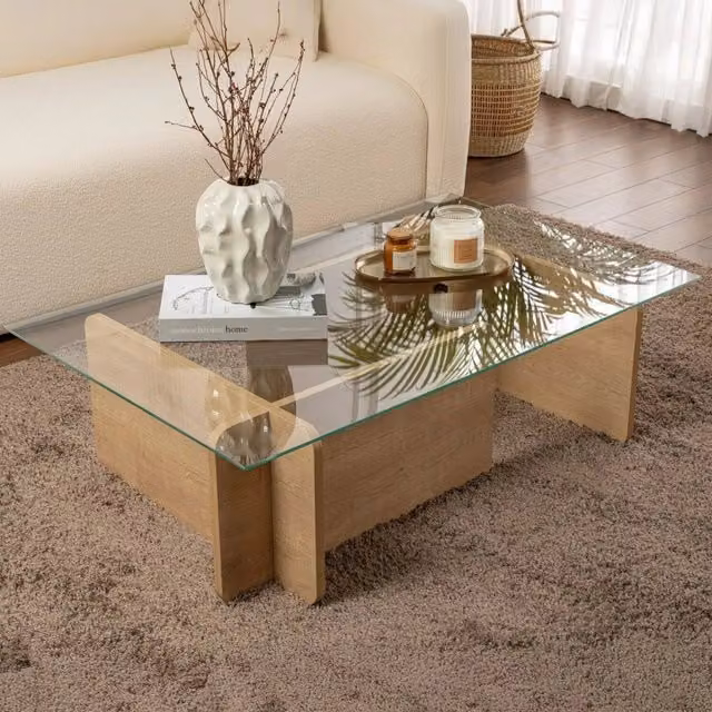 Tavolino da salotto moderno Kallias in legno rovere e vetro trasparente, L: 105 cm, P: 65 cm, H: 30 cm