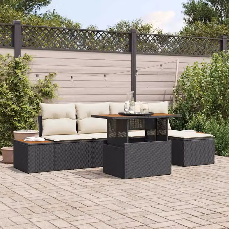 Set da pranzo da giardino vidaXL in rattan e legno di acacia con 6 sedute, Nero e Beige