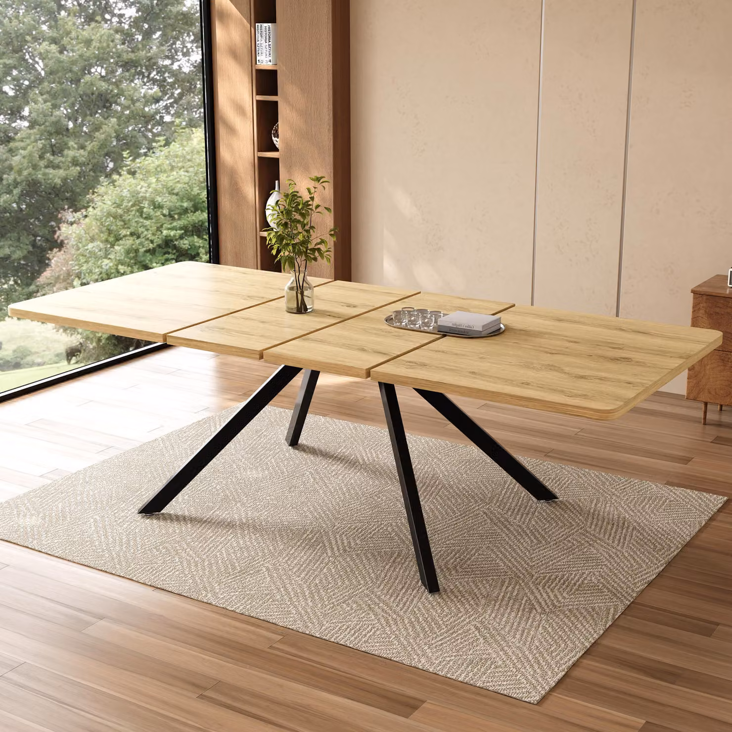 Tavolo da pranzo estendibile okwish, con 3 diverse lunghezze regolabili, gambe in metallo, tavolo da cucina per 6-10 persone, design semplice, stile naturale
