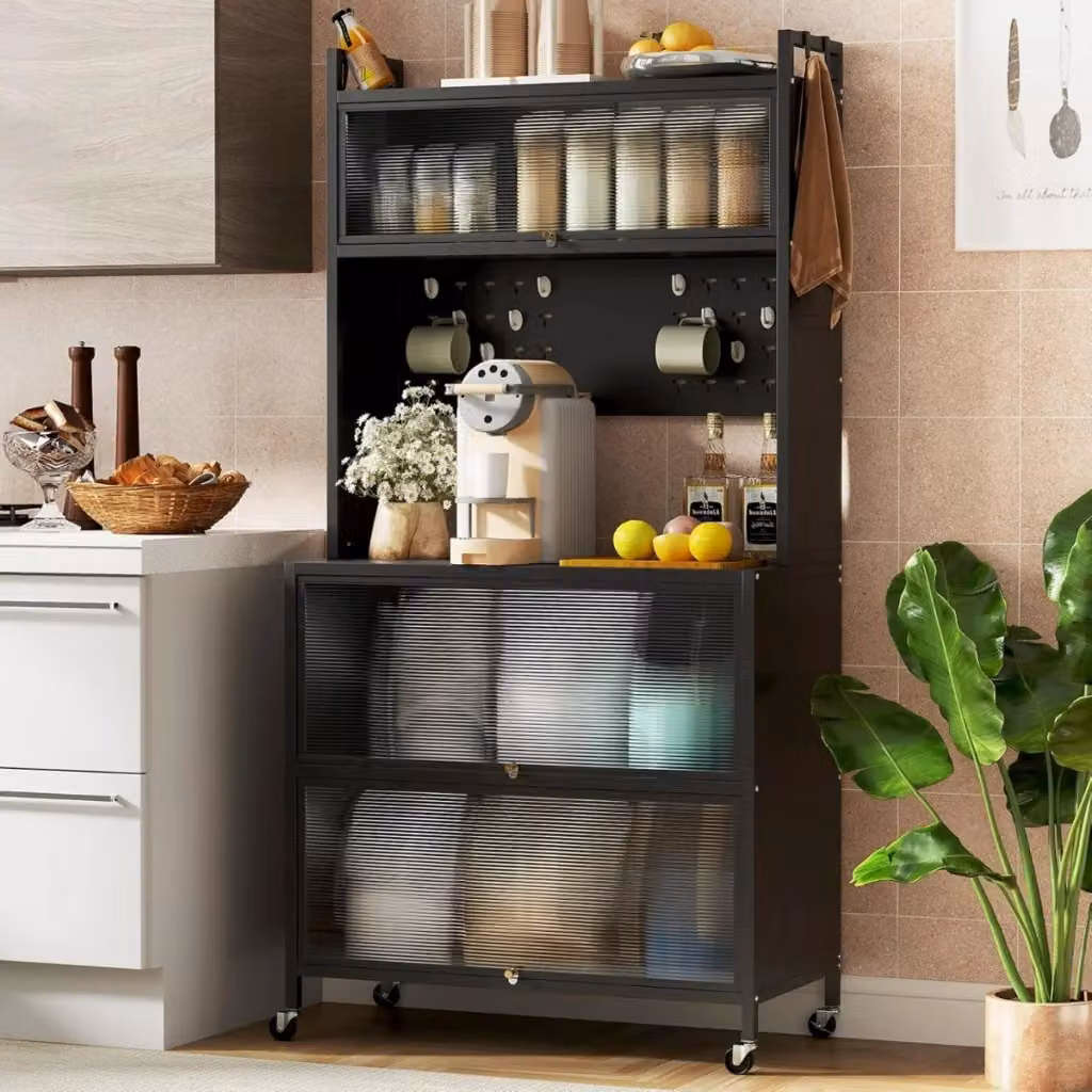 Mobile da cucina moderno in metallo nero con 5 ripiani, supporto per microonde e ante a ribalta con ganci – 2