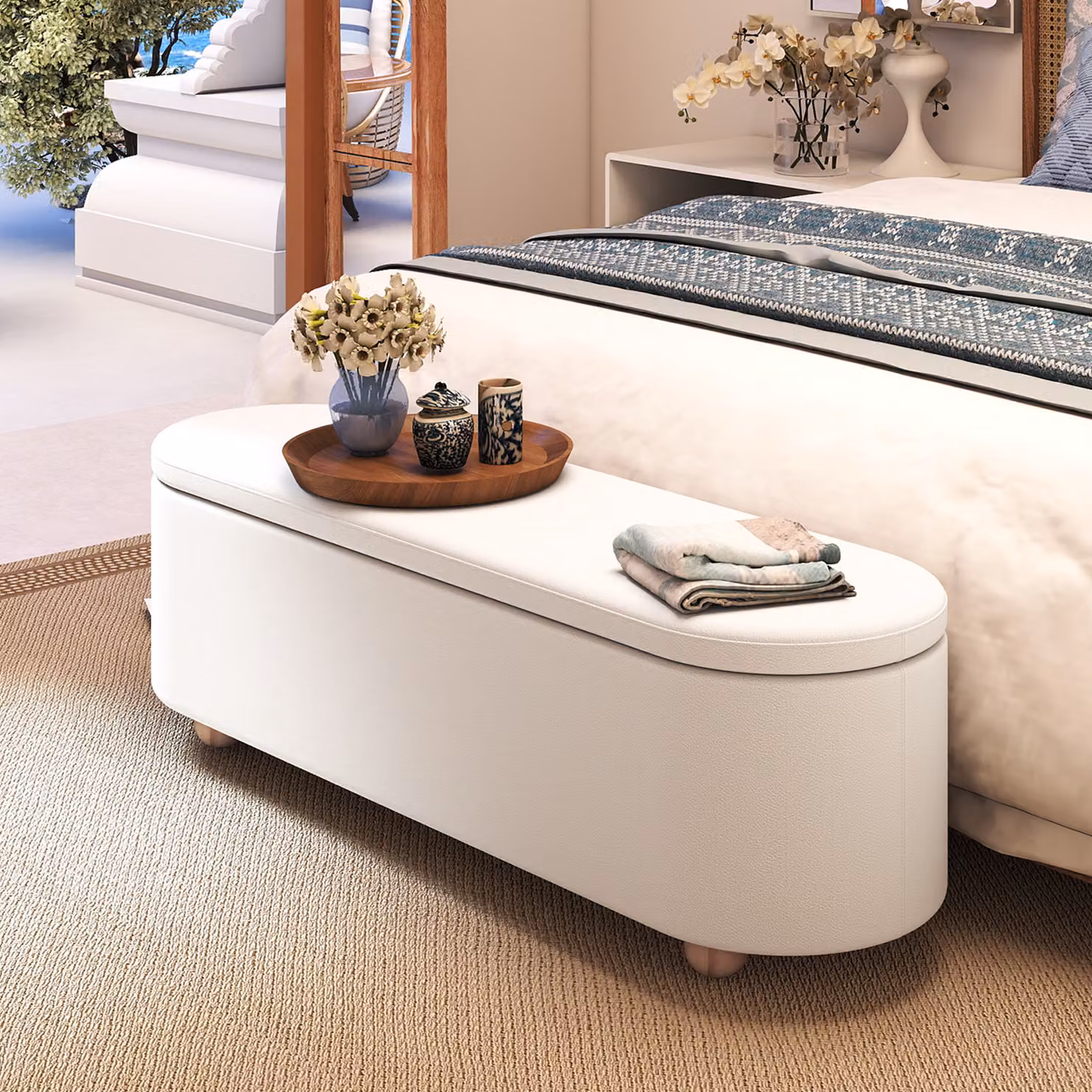 Panca contenitore ovale imbottita Costway in ecopelle bianca con gambe in legno di caucciù, L: 139 cm