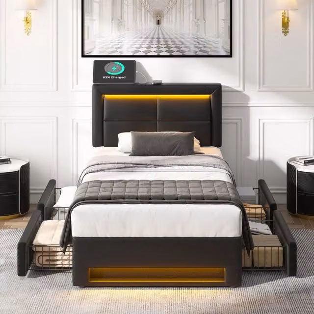 Letto imbottito con cassetti e LED ¨C Minimal ¨C 90x190 cm nero similpelle senza materasso