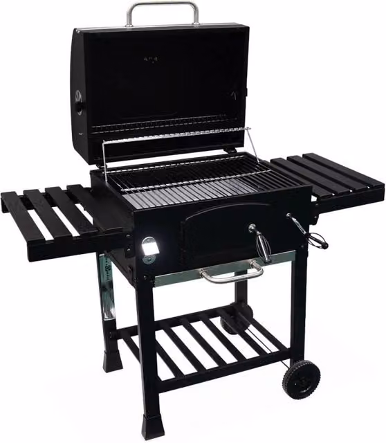 Barbecue a carbonella con affumicatore Sweeek in acciaio nero con termometro, griglia riscaldante e ruote