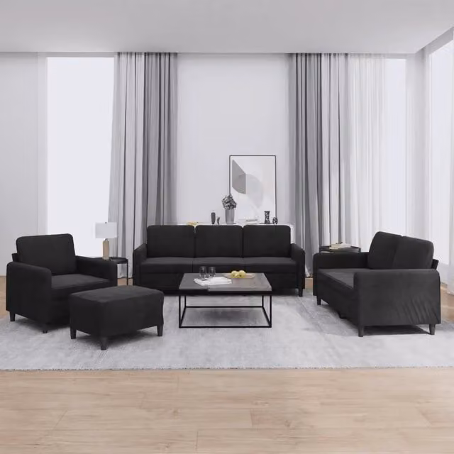 Set di divani moderno vidaXL in velluto nero composto da un divano a 3 posti, un divano a 2 posti, un pouf e cuscini coordinati per il tuo soggiorno