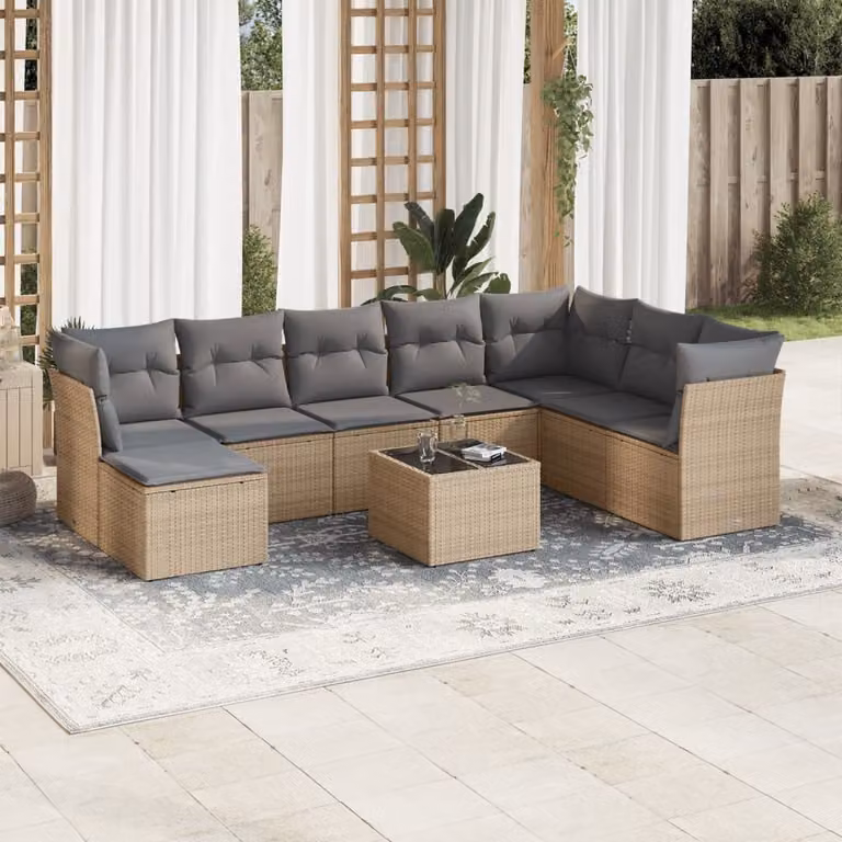 vidaXL Set Divano da Giardino 9 pz a L in Polyrattan con Cuscini Beige e Tavolino da Caffè