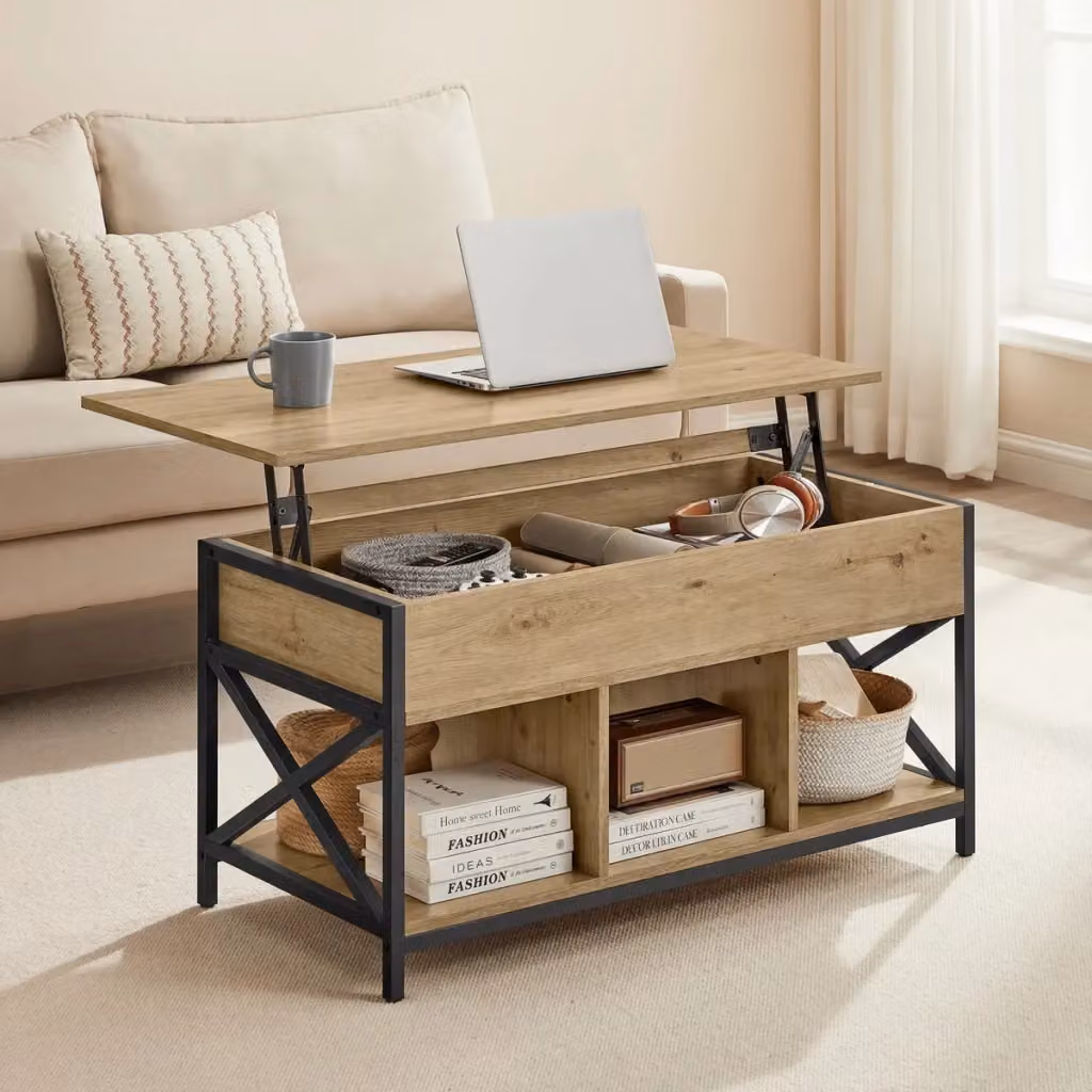 Tavolino da salotto Artisan KENDRA HOME con piano sollevabile in rovere e acciaio, stile industrial, marrone e nero – 2
