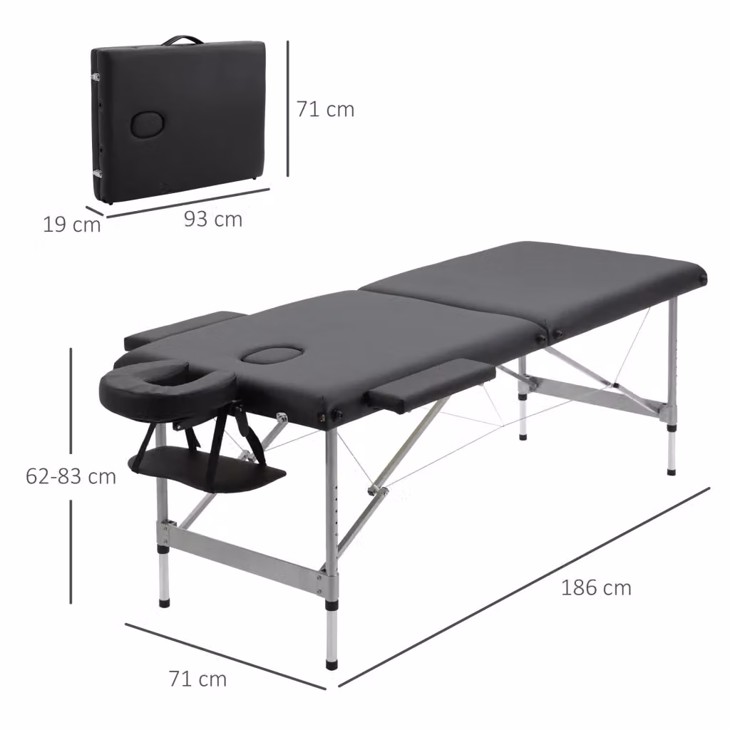 Lettino da massaggio WISHDOR pieghevole con struttura in metallo, poggiatesta regolabile e braccioli, rivestimento in ecopelle nera, portata 130 kg – 2