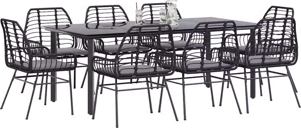 Set da Pranzo da Giardino 9 pz con Cuscini Polyrattan Vetro