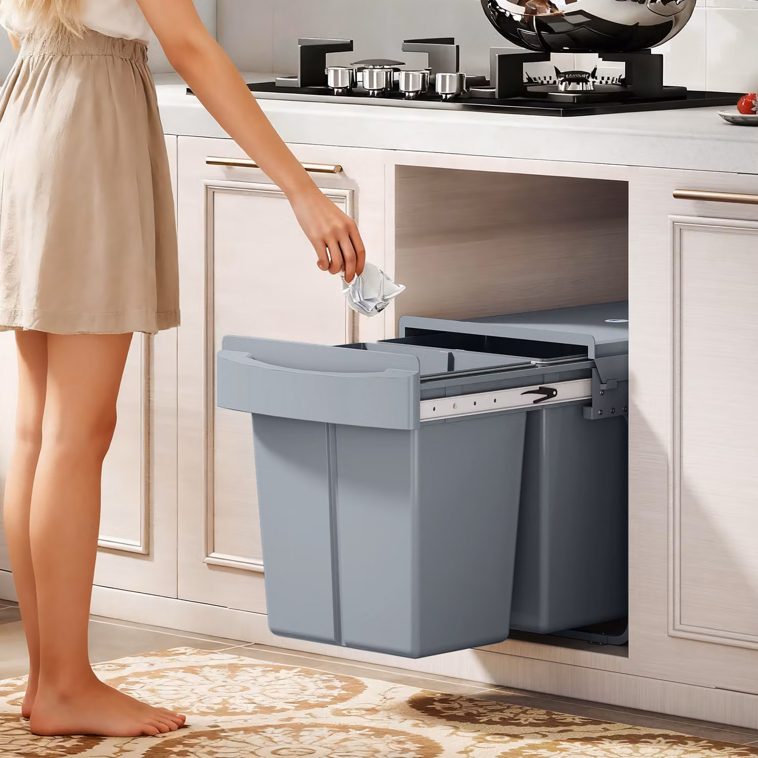 Pattumiera estraibile sottolavello HOMCOM per la raccolta differenziata con 2 secchi da 20L, L: 52 cm, P: 33.5 cm, H: 41 cm, Grigio – 2
