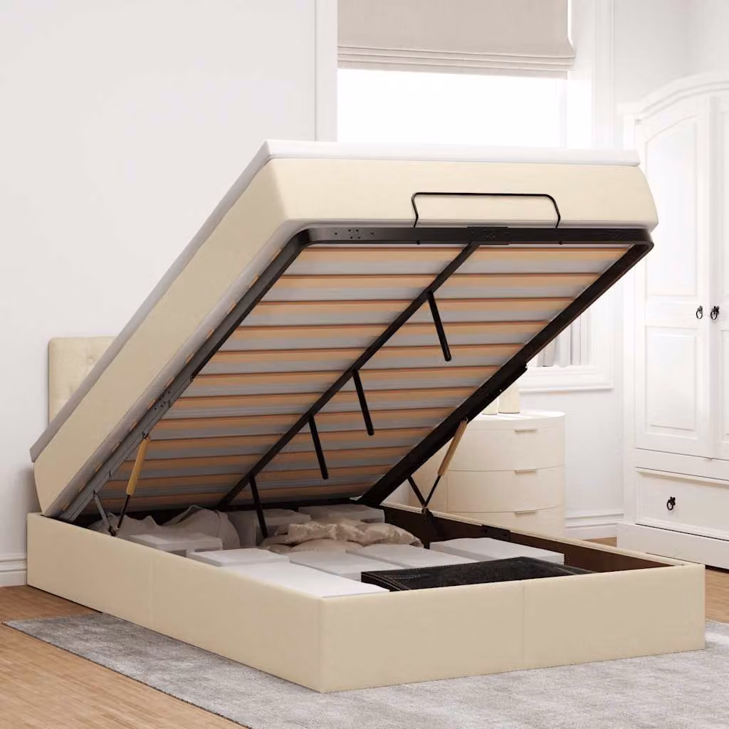 vidaXL Struttura Letto con Contenitore a Sollevamento e Materasso in Tessuto Beige e Bianco L/P/H: 120 x 200 x 88 cm – 1