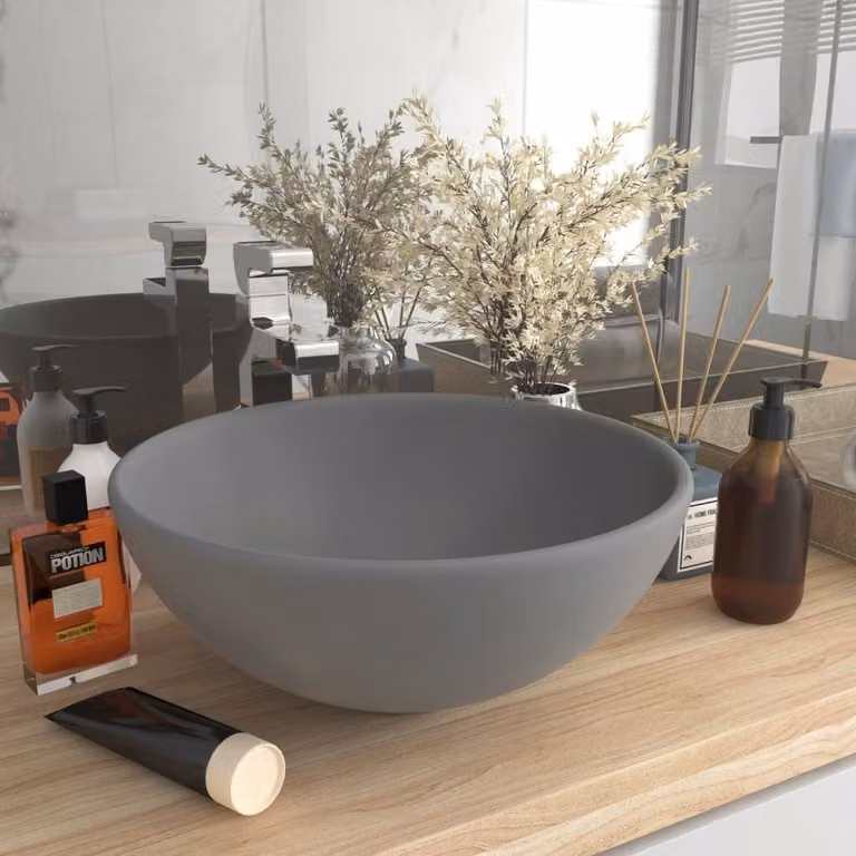 The Living Store Lavabo rotondo grigio chiaro opaco 32,5x14 cm in Vetroceramica