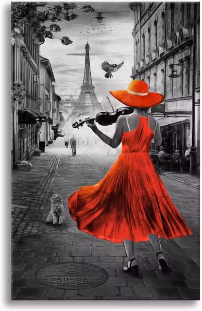 Quadro Canvas Contemporaneo Astratto Signorbit Dans Paris con Telaio in Legno e Dettagli Rossi L 140 cm x H 100 cm