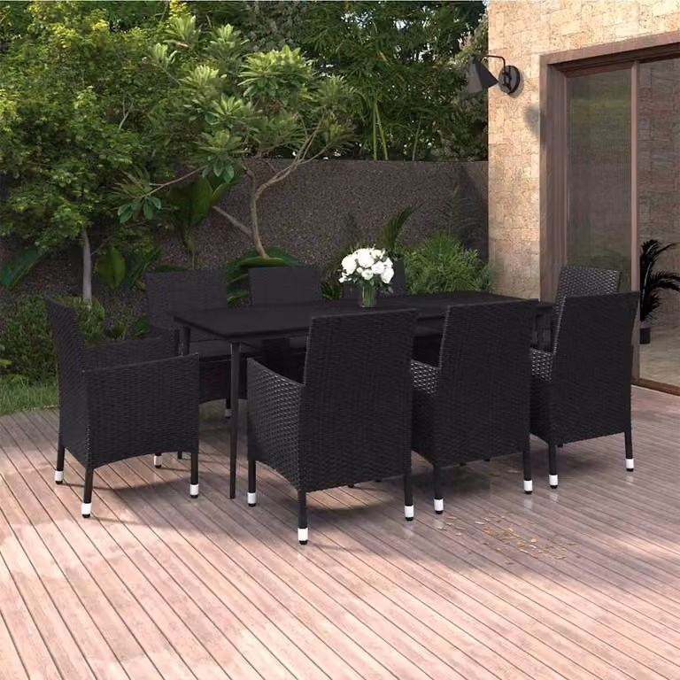 Set da Pranzo per Giardino vidaXL in Polyrattan Nero con Cuscini e Tavolo in Vetro, 9 Pezzi