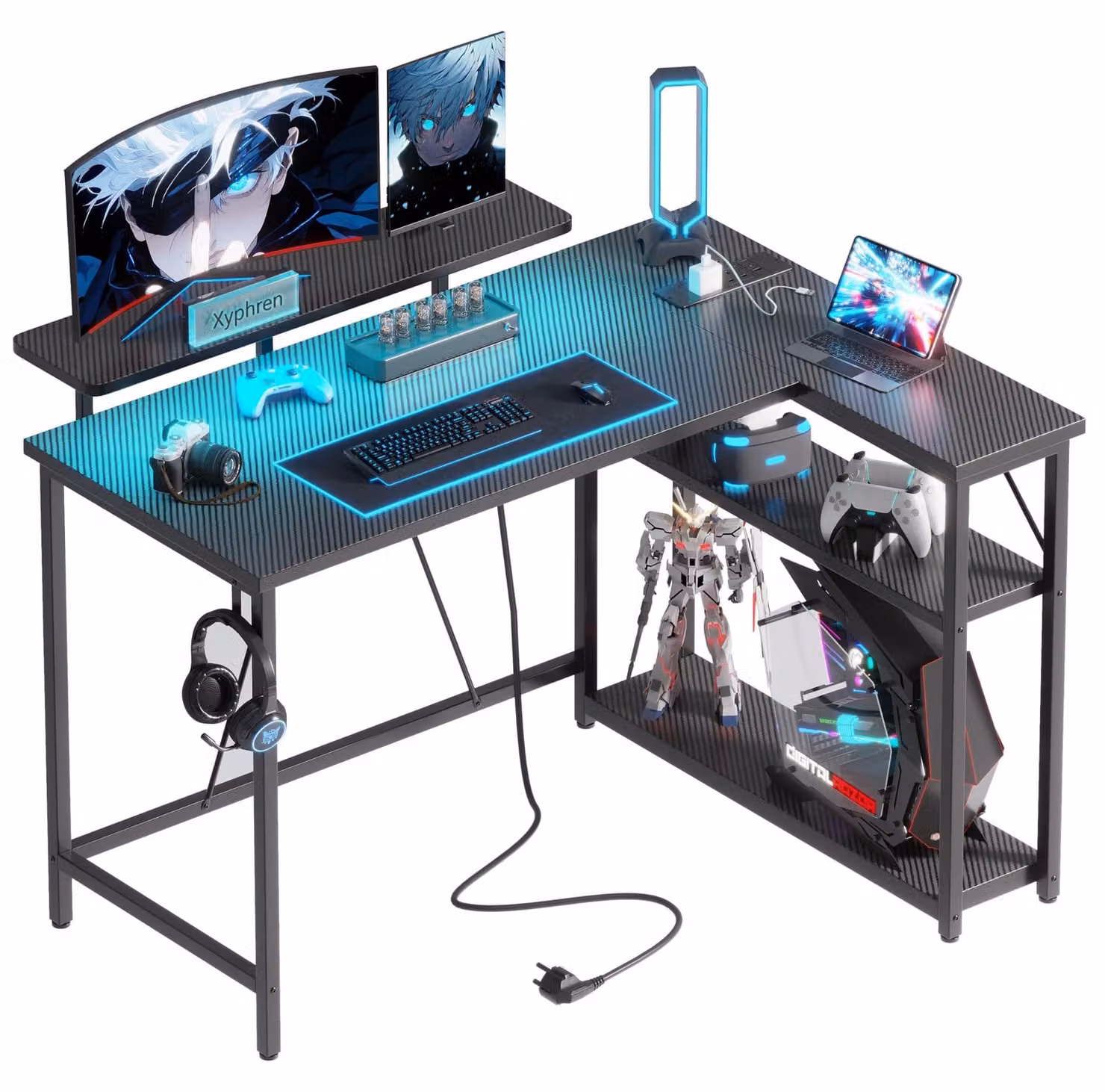 Tavolo da gioco a forma di L - 100 x 80 cm - Nero - Con illuminazione RGB - Scrivania angolare compatta - Ideale per lavoro e gioco