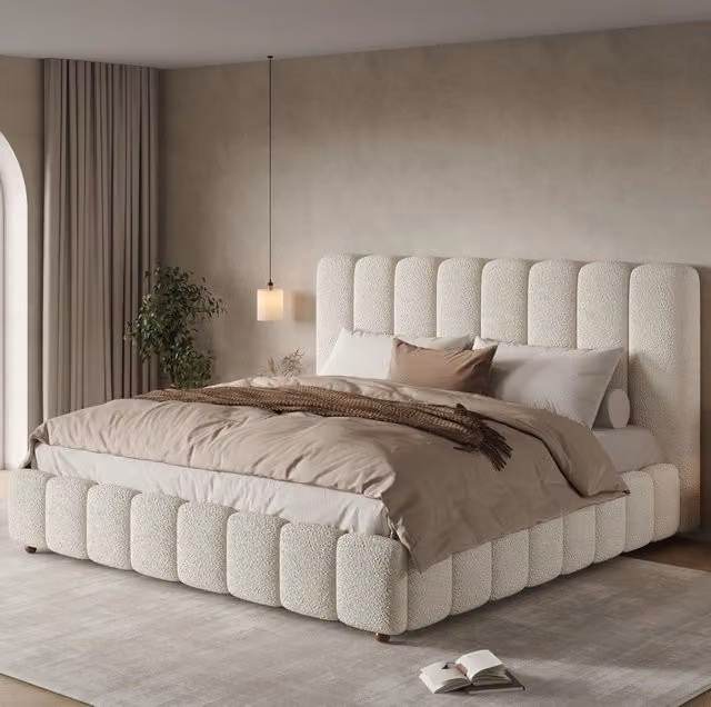 Letto matrimoniale imbottito 160x200 cm con rete a doghe e testiera in bouclé bianco