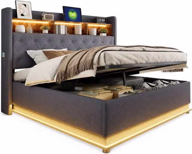 Letto matrimoniale 180x200 cm con LED; USB e contenitore idraulico in tessuto grigio