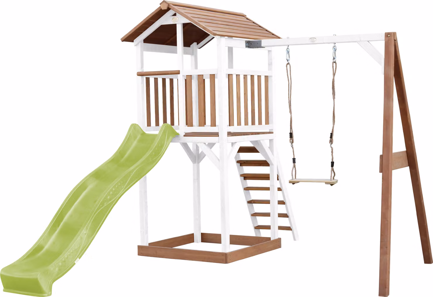 AXI Beach Tower parco giochi in legno in marrone e bianco | Torre di gioco con sabbiera, altalena e scivolo verde lime | Casa per bambini su palafitte per il giardino