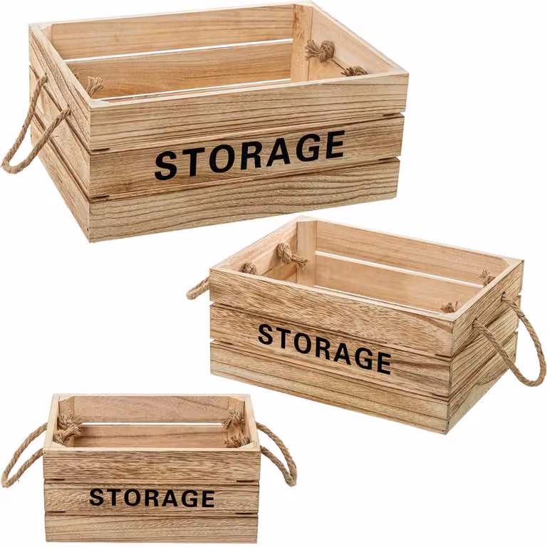 Set di 3 scatole portaoggetti in legno naturale, dimensioni 35x25x15 cm
