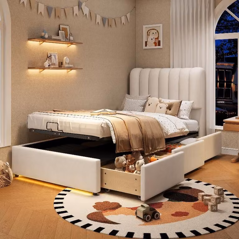 Letto imbottito 90x200 cm, color beige, con rivestimento in velluto, dotato di spazio contenitivo, striscia LED e 3 cassetti, ideale per la camera da letto