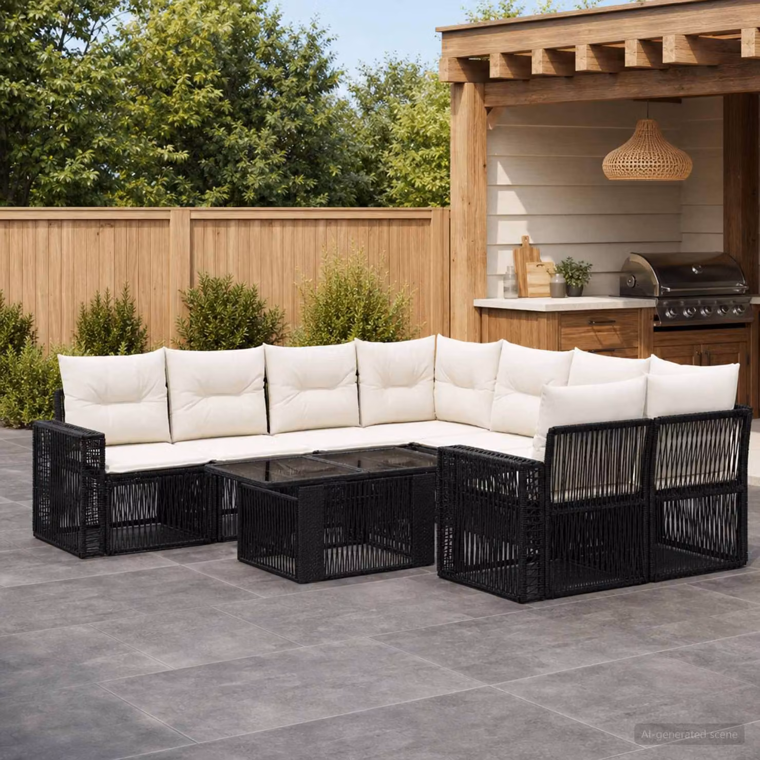 Set Divano da Giardino vidaXL 9 pz in Polyrattan con Cuscini, Colore Nero e Bianco Crema