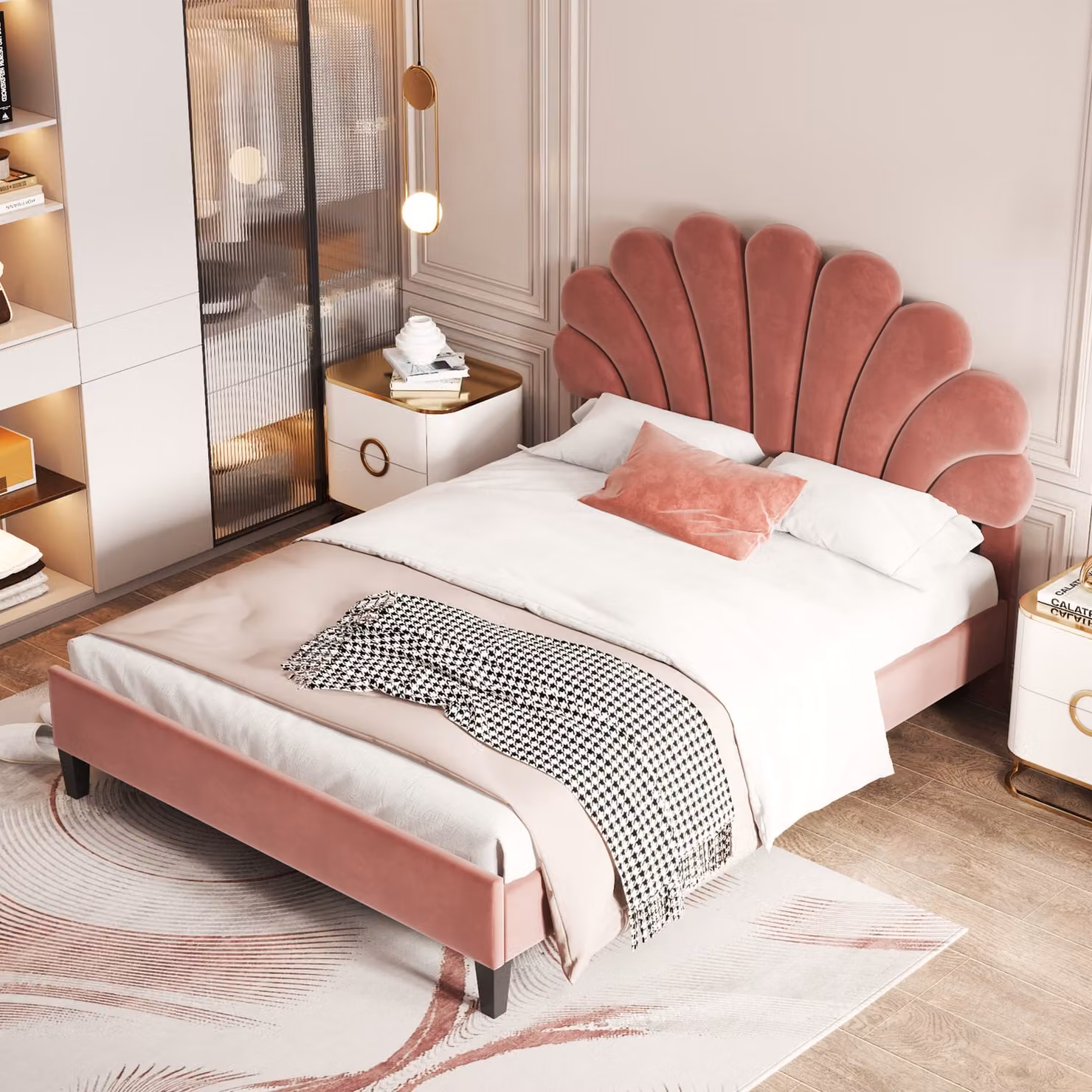 Letto imbottito Sweiko letto matrimoniale 140x200 cm, struttura del letto con testata a forma di fiore e rete a doghe, letto per adulti/ragazzi in tessuto skin-friendly