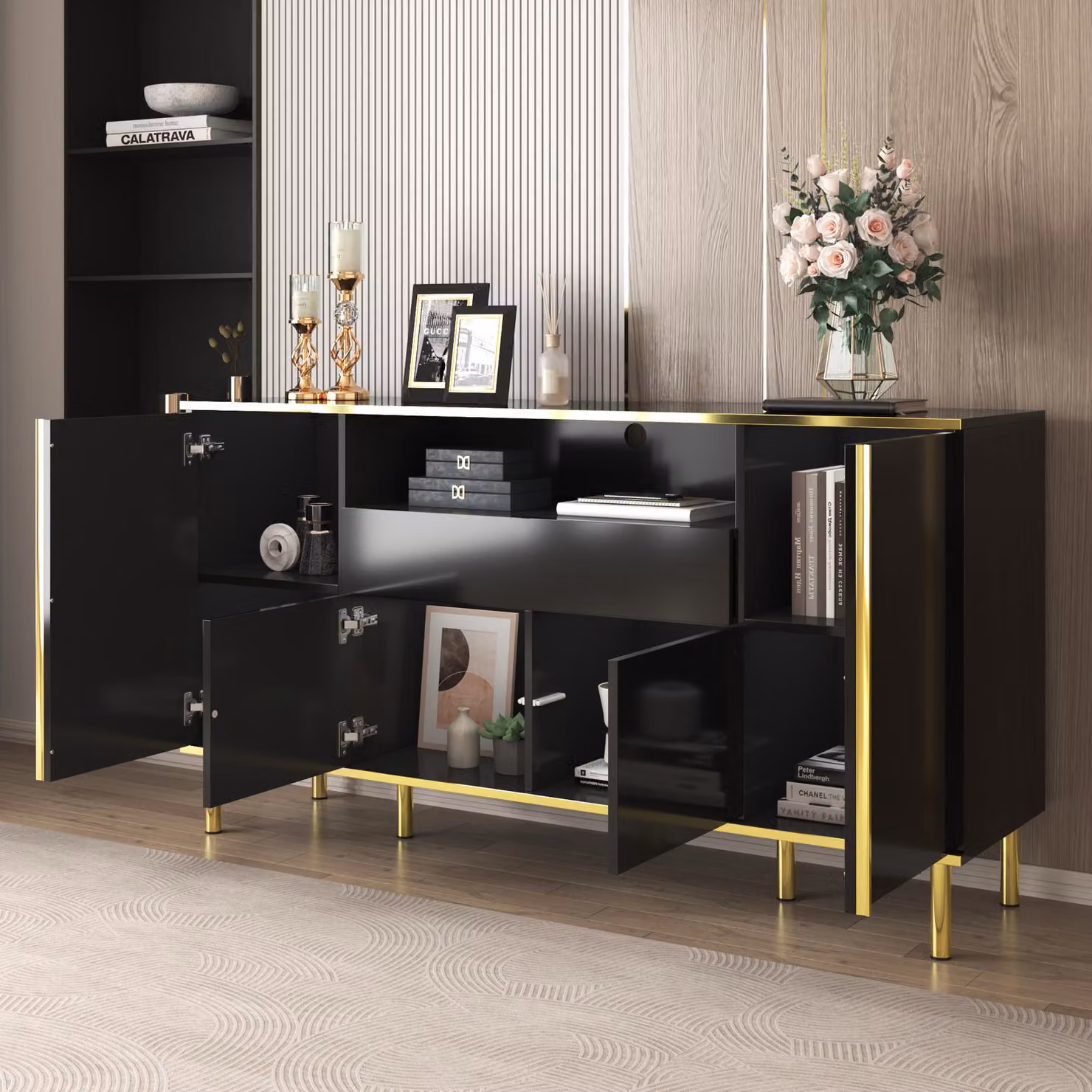 Credenza Sweiko, cassettiera nera lucida con 1 cassetto, cassettiera, cassettiera per camera da letto, credenza nera lucida - L150/T40/H80cm
