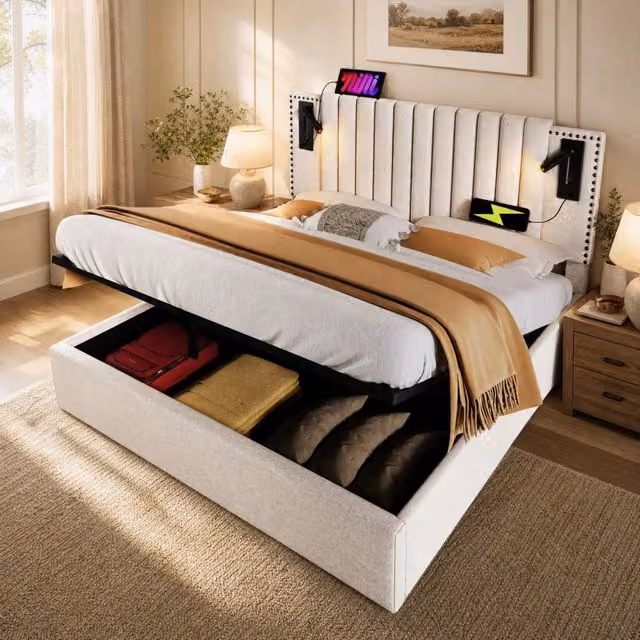 Letto matrimoniale 140x200 cm con contenitore; USB-C e luce da lettura; cotone beige; testiera regolabile